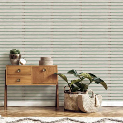 Fine Decor Wood Slats Effect Panel Look Wallpaper Sage Green (FD43218)