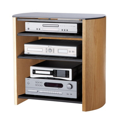 Finewoods in light oak with black glass shelves