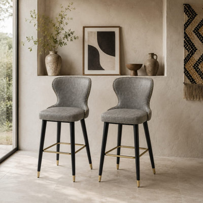 FINOMO SET OF 2 GREY FAUX LEATHER BAR STOOLS WITH WOODEN LEGS AND ...
