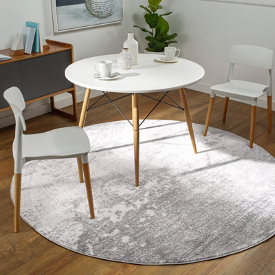 FIONA Round Abstract Modern Marble Silver Grey Area Rug 160 x 160 cm