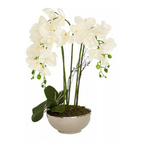 Fiori White Orchid Plant in Round Pot Artificial Plant Foliage