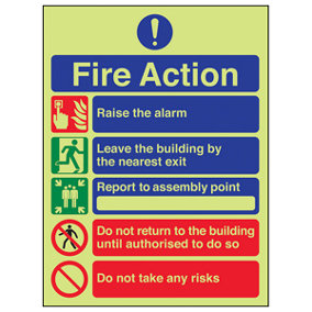 Fire Action 5 Message Safety Sign - Glow in the Dark - 150x200mm (x3)