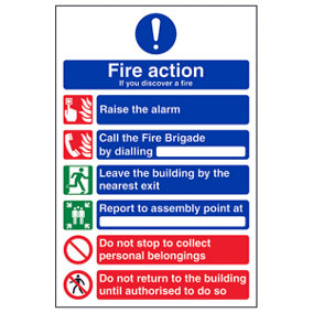 Fire Action 6 Message Safety Sign - Glow in the Dark - 200x300mm (x3)