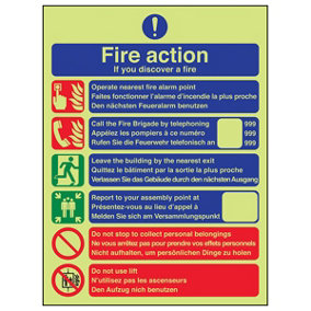 Fire Action Discovery Safety Sign - Glow in the Dark - 150x200mm (x3)