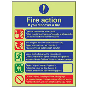 Fire Action Discovery Safety Sign - Glow in the Dark - 150x200mm (x3)