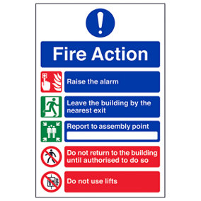 FIRE ACTION Safety Sign - 5 Point Message - 1mm Rigid Plastic - 150 X 200mm