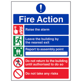 FIRE ACTION Safety Sign 5 Point Message Risks - 1mm Rigid Plastic - 150 X 200mm