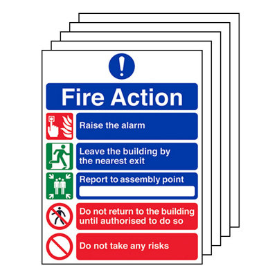 FIRE ACTION Safety Sign - 5 Point Message Risks - 1mm Rigid Plastic ...