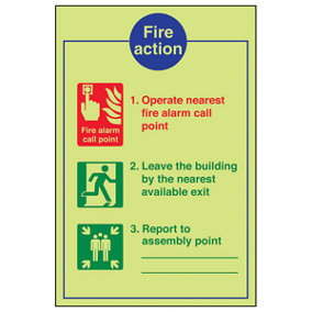 Fire Action White Background Sign - Glow in the Dark - 200x300mm (x3)