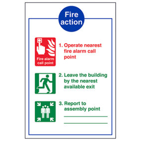 Fire Action White Background Sign - Rigid Plastic - 200x300mm (x3)