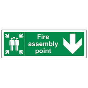 Fire Assembly Point Arrow Down Sign - Adhesive Vinyl - 600x200mm (x3)