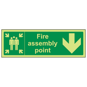 Fire Assembly Point Arrow Down Sign - Glow in the Dark 300x100mm (x3)
