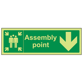 Fire Assembly Point Arrow Down Sign - Glow in the Dark 300x100mm (x3)