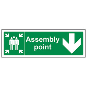 Fire Assembly Point Arrow Down Sign - Rigid Plastic - 600x200mm (x3)