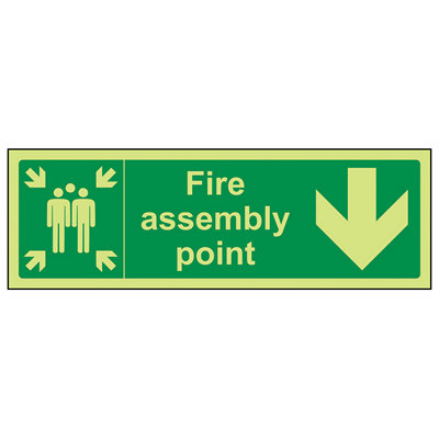 Fire Assembly Point Arrow Down Workplace Safety Sign - Glow in the Dark ...