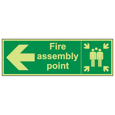 Fire Assembly Point Arrow Left Sign - Glow in Dark - 600x200mm (x3)