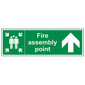 Fire Assembly Point Arrow UP Sign - Rigid Plastic - 450x150mm (x3)