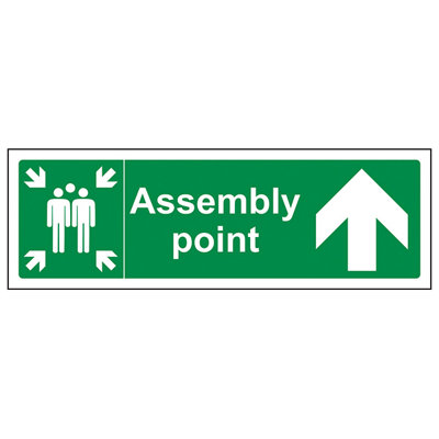 Fire Assembly Point Arrow UP Sign - Rigid Plastic - 600x200mm (x3)