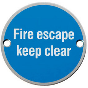 Fire Door Keep Clear Sign 64mm Fixing Centres 76mm Dia Satin Steel