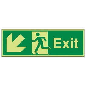 Fire Exit Arrow Down Left Safety Sign - Glow in Dark - 600x200mm (x3)
