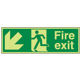 Fire Exit Arrow Down Left Sign - Glow in the Dark - 450x150mm (x3)