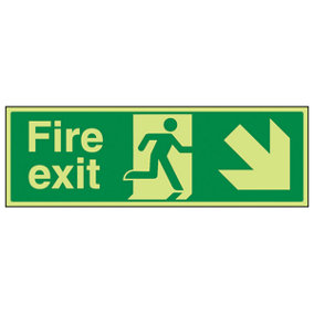 Fire Exit Arrow Down Right Sign - Glow in the Dark - 450x150mm (x3)