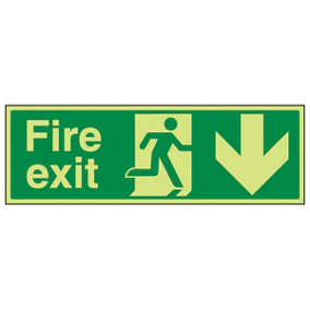 Fire Exit Arrow DOWN Safety Sign - Glow in the Dark - 450x150mm (x3)