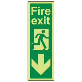 Fire Exit Arrow Down Sign - Portrait - Glow in Dark - 100x300mm (x3)