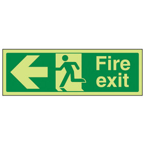 Fire Exit Arrow LEFT Safety Sign - Glow in the Dark - 300x100mm (x3)
