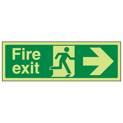 Fire Exit Arrow RIGHT Safety Sign - Glow in the Dark - 300x100mm (x3)