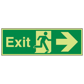 Fire Exit Arrow Right Safety Sign - Glow in the Dark - 600x200mm (x3)