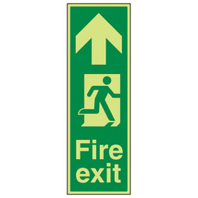 Fire Exit Arrow Up Sign - Portrait - Glow in the Dark - 200x600mm (x3)
