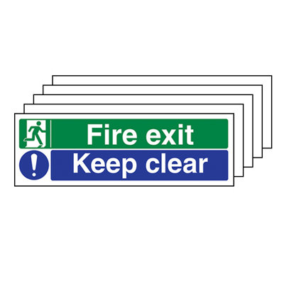 FIRE EXIT KEEP CLEAR Safety Sign - 1mm Rigid Plastic - 300 X 100mm - 5 Pack