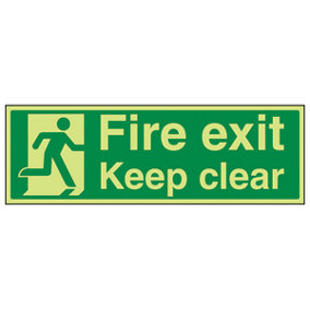 Fire Exit Keep Clear Safety Sign - Glow in the Dark - 450x150mm (x3)