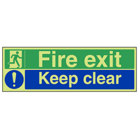 Fire Exit / Keep Clear Safety Sign - Glow in the Dark - 450x150mm (x3)