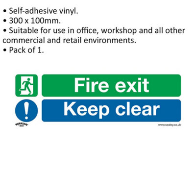 FIRE EXIT KEEP CLEAR Self Adhesive Safety Sign - 300mm x 100mm Vinyl ...