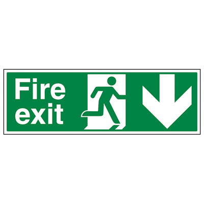 FIRE EXIT Safety Sign Arrow Down - 1mm Rigid Plastic - 300 X 100mm