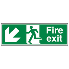 FIRE EXIT Safety Sign Arrow Down Left - Self-Adhesive Vinyl - 300 X 100mm