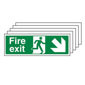 FIRE EXIT Safety Sign - Arrow Down Right - 1mm Rigid Plastic - 450 X 150mm - 5 Pack