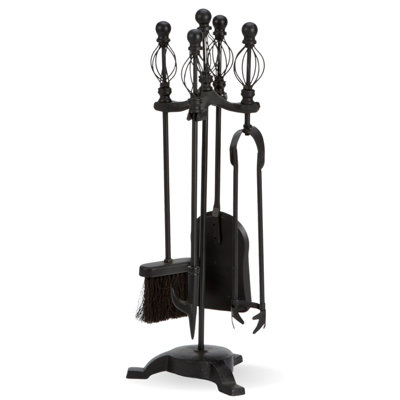 FIRE32 All Black Scroll Top 5 Piece Companion Set Fireplace Tools with ...