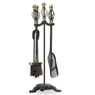 FIRE33 5 Piece Companion Set with Brass and Black Handles Fireplace ...