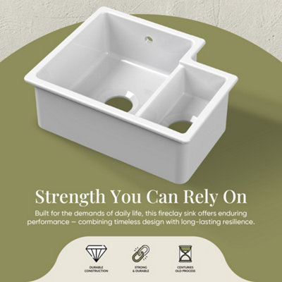 Fireclay 1.5 Bowl Left Hand Undermount Kitchen Sink & Overflow, 457mm ...