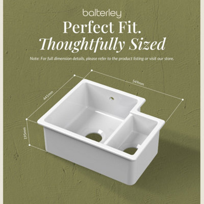 Balterley 549mm Gloss White Undermount Fireclay Ceramic Kitchen Sink - Right Hand L-Shaped Double Bowl