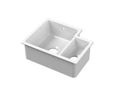 Fireclay 1.5 Bowl Left Hand Undermount Kitchen Sink & Overflow (Basket Waste Not Included), 457mm - White