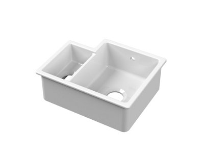 Fireclay 1.5 Bowl Right Hand Undermount Kitchen Sink & Overflow (Basket Waste Not Included), 457mm - White