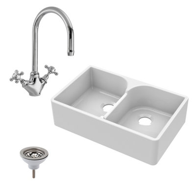 Fireclay 2 Bowl Stepped Weir Butler Kitchen Sink, Mono Mixer & Waste, 795mm