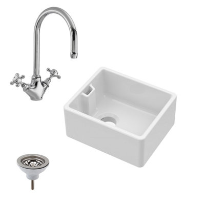 Fireclay Belfast Sink with Overflow, Mono Sink Mixer Tap & Waste Bundle - 460mm - Balterley