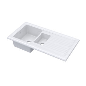 Fireclay Ceramic 1.5 Bowl Kitchen Sink and Drainer - 1010mm - White