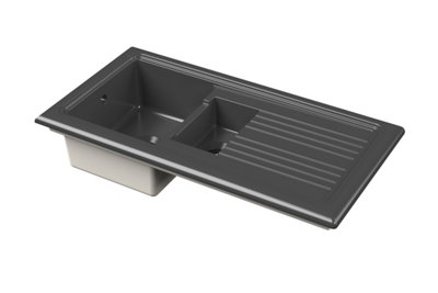 Fireclay Ceramic 1.5 Bowl Kitchen Sink & Grooved Drainer - 1010mm - Soft Black