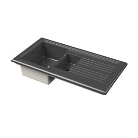Fireclay Ceramic 1.5 Bowl Kitchen Sink & Grooved Drainer (Waste Sold Separately) - 1010mm - Soft Black - Balterley